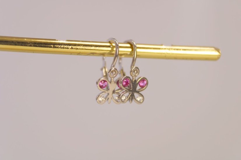 Detské náušnice-motýľ-ružové a biele zirkóny- biele zlato- brizúra-14 karátov