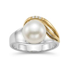 Prsteň- biela perla- diamanty- 0,010 ct- viacfarebné zlato- 14 karátov
