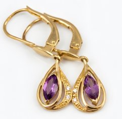 Náušnice-Ametyst-diamanty 0,016 ct-PK/W-patent-žlté zlato-14 karátov
