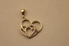 Prívesok- prepletené srdcia- číre zirkóny- žlté zlato- 14 karátov