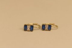 Náušnice - číre a modré zirkóny - patent - žlté zlato - 14K