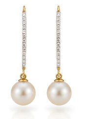 Visiace náušnice - brilianty 0,39 ct - pravé perly - žlté zlato - 14 karátov