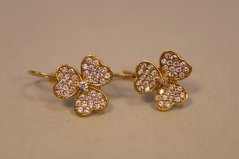 Náušnice trojlístok-žlté zlato- zirkóny, patent, 14 karátov