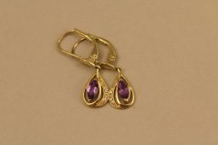 Náušnice-Ametyst-diamanty 0,016 ct-PK/W-patent-žlté zlato-14 karátov