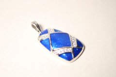 Prívesok-modrý smalt-číre zirkóny-rhodium-striebro
