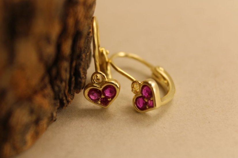 Náušnice-srdiečko-rúžový zirkón- brizúra- pozlátené striebro