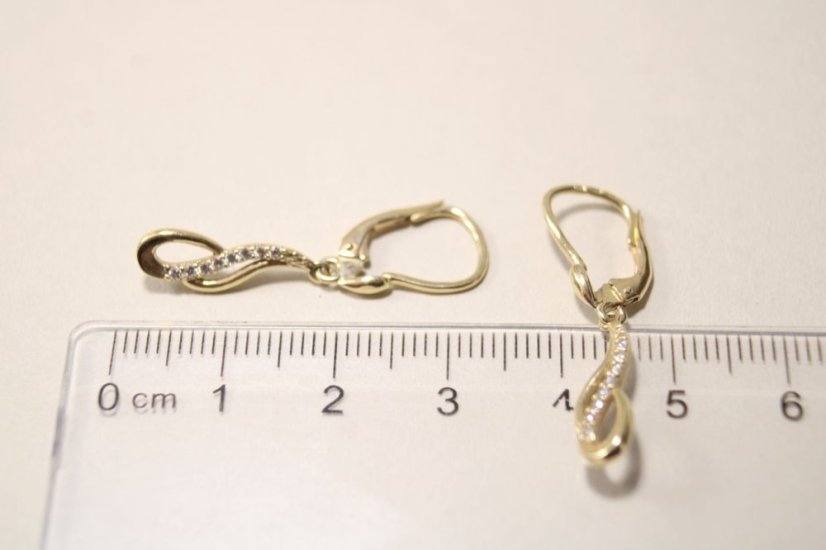 Zlaté visiace náušnice s čírymi zirkónmi, žlté zlato, klasické zapínanie, 2,37 g, 14 karátov 585/1000