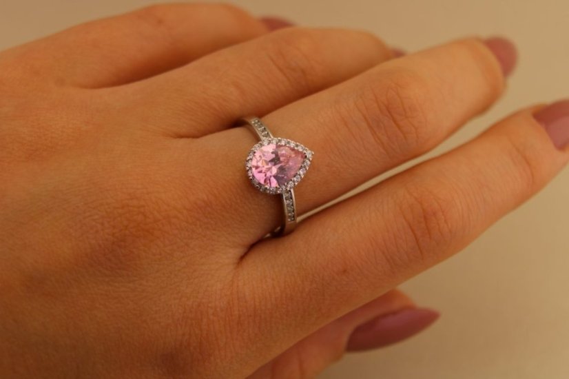 Strieborný prsteň slza - Rúžový zirkón - 925 - rhodium