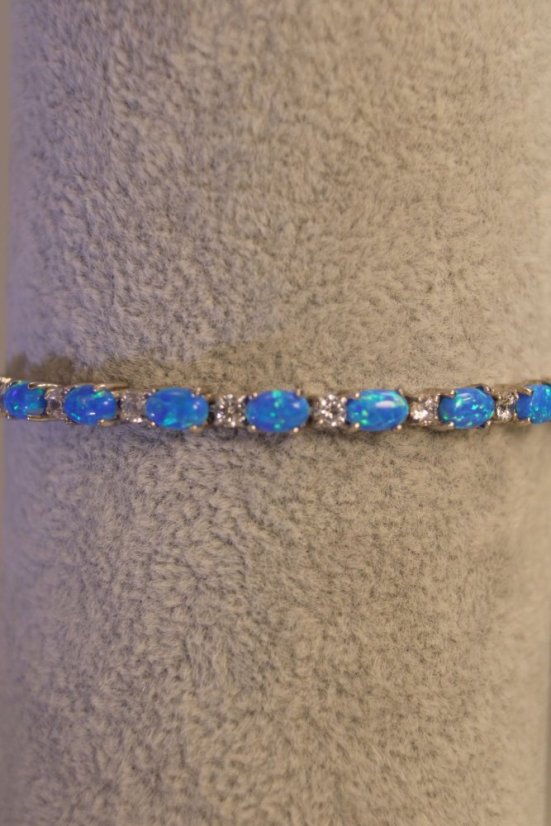 Náramok-modrý opál-číre zirkóny-rhodium-striebro