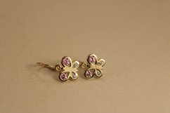Náušnice - motýľ - číre/rúžové zirkóny - žlté zlato - brizúra -14 karátov