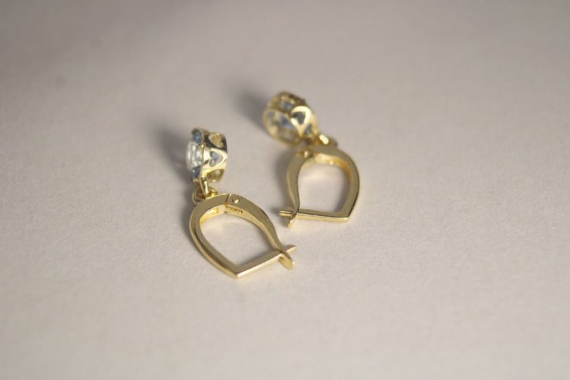 Zlaté náušnice so svetlo modrými zirkónmi, žlté zlato, francúzsky patent, 2,27 g, 14K 585/1000