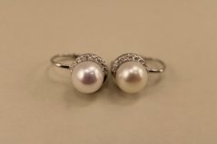 Náušnice- biela perla- zirkóny- patent- rhódiované striebro