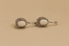 Náušnice - biely syntetický opál - číre zirkóny - patent - striebro