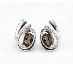 Náušnice-hnedo-šedý kremeň- číre zirkóny-rhodium-puzetky-striebro