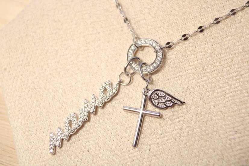 Náhrdelník-Mama- anjelské krídlo- krížik-zirkóny- rhódiované striebro