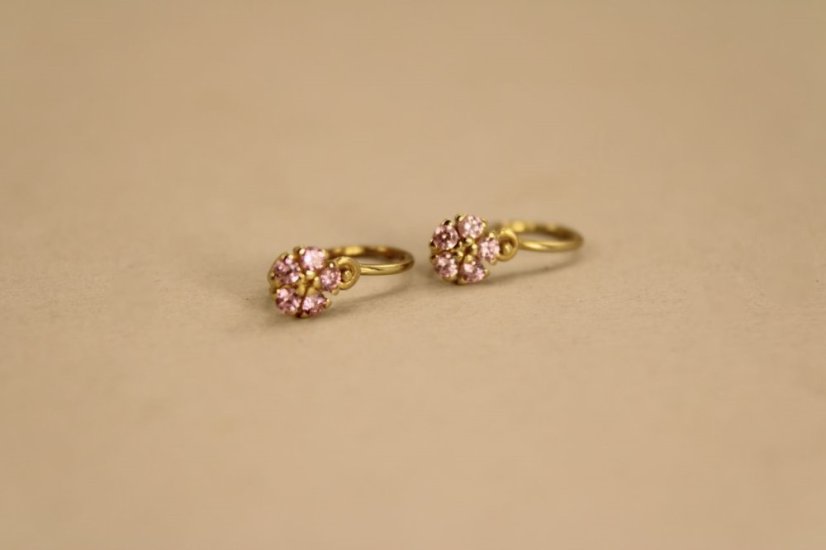 Náušnice-kvietky-rúžový zirkón- brizúra- žlté zlato- 14 karátov