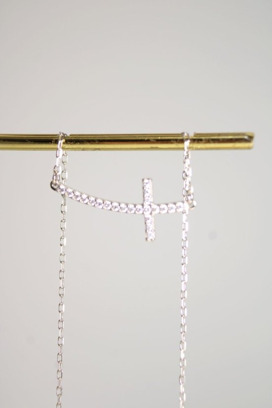 Náramok - biele zlato-krížik-číre zirkóny-14 karátov