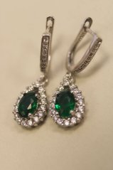Náušnice-visiace-slzy- zelený zirkón-číre kamienky-francúzsky patent-rhodium-striebro