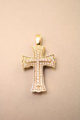 Prívesok- obojstranný kríž- žlté zlato-číre zirkóny-14 karátov