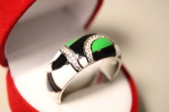 Prsteň-abstraktný motív-farebný smalt-číre zirkóny-rhodium-striebro