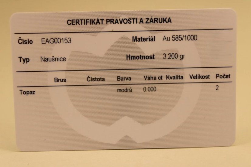 Náušnice- modrý Topás- číre zirkóny- patent- viacfarebné zlato- 14 karátov