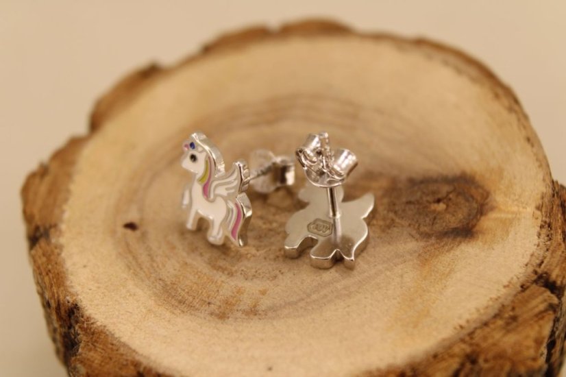 Náušnice- jednorožec- farebný smalt- puzetky- rhódiované striebro