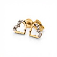 Náušnice- srdiečka- biele diamanty- puzetky- žlté zlato- 14 karátov