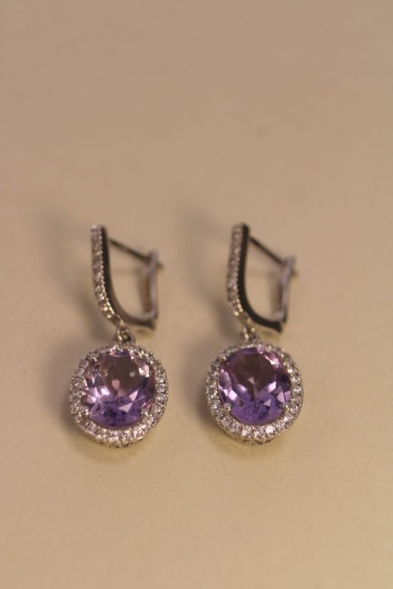 Náušnice- fialový zirkón-číre zirkóny- biele zlato-francúzsky patent-14 karátov