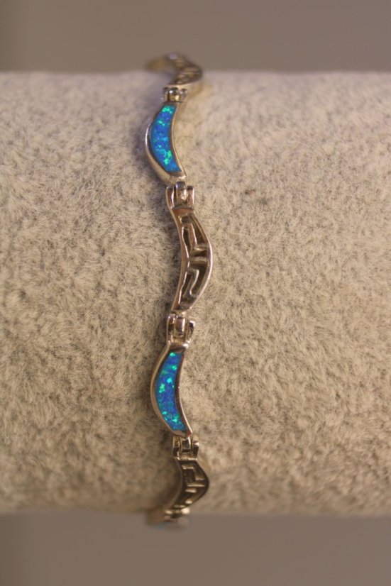 Strieborný polopevný náramok striedavý vzor s modrým opálom, rhodium, 19,5 cm, 10,27g, 925/1000