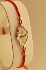 Šnúrkový náramok - Prepletené srdcia - Číre zirkóny - Žlté zlato - 14k