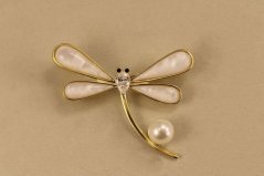 Brošňa- vážka- perleť- zirkóny- perla- pozlátené striebro