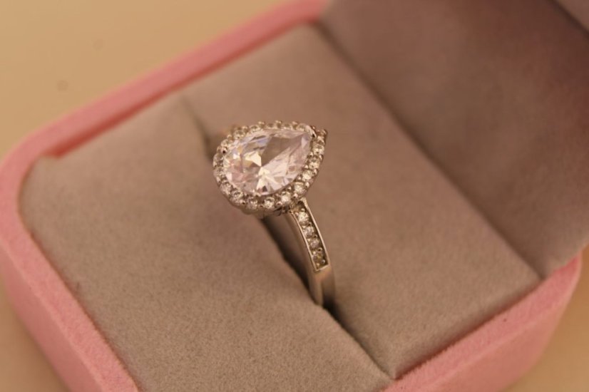 Strieborný prsteň slza - Číry zirkón - 925 - rhodium
