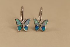 Náušnice- motýľ- modrý opál- patent- rhódiované striebro