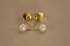 Náušnice-biele perly-číre zirkóny-puzetky-pozlátené striebro
