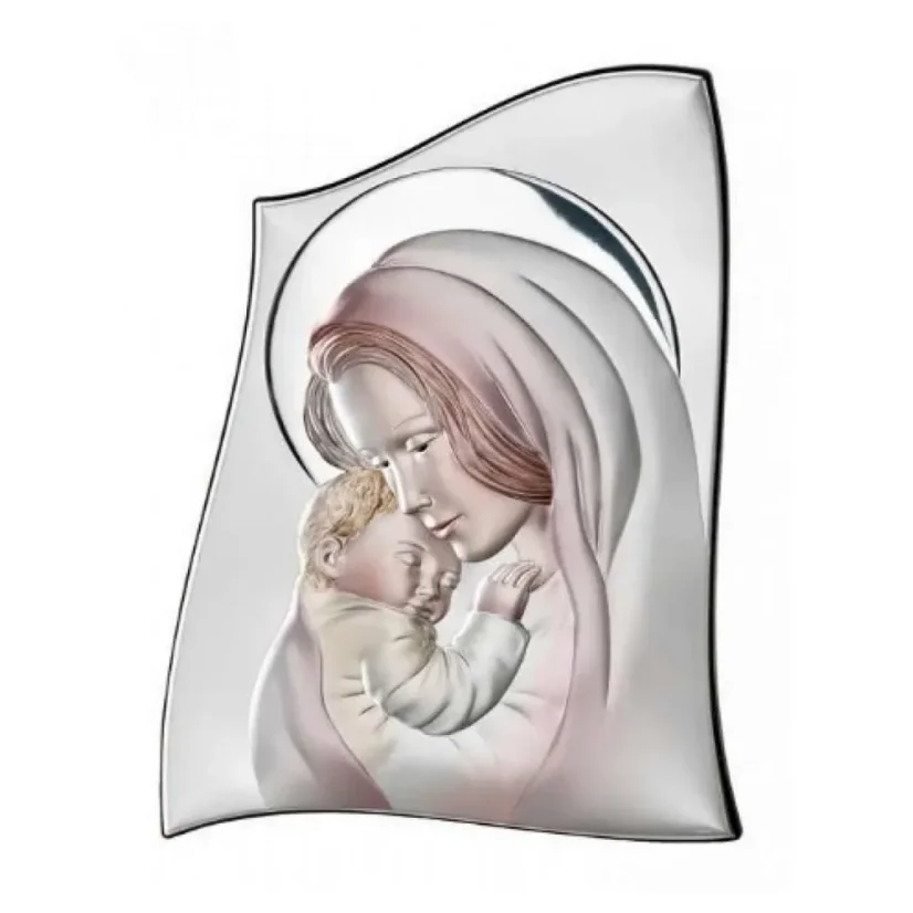 Farebný strieborný obraz na dreve Ikona Panny Márie s Ježišom 810004LCOL - Materiál: Striebro, Rozmery: 16,5x11,5 cm, Rýdzosť: STRIEBRO 925/1000