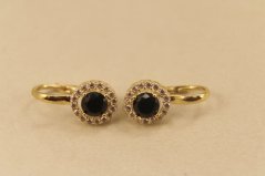 Náušnice- čierny kameň- zirkóny- patent- žlté zlato- 14K