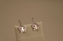 Náušnice - motýľ - číre/rúžové zirkóny - biele zlato - brizúra -14 karátov