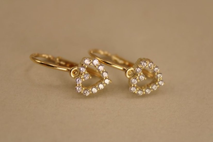 Náušnice- srdiečka- číry zirkón- brizúra- žlté zlato-14 karátov