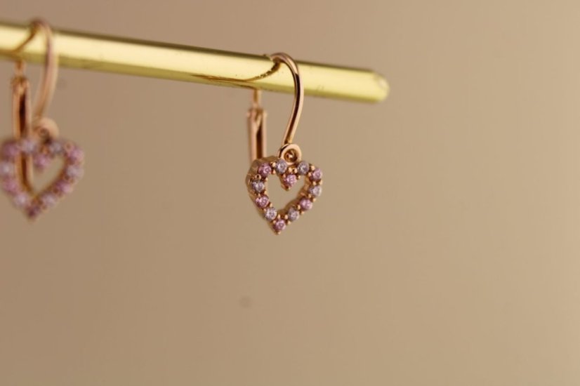 Zlaté náušnice - Novorodenecké - Zirkónové srdiečko - 14k - Ružové zlato