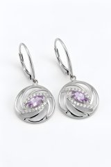 Visiace náušnice-fialový Ametyst-zirkóny-rhodium-patent-striebro