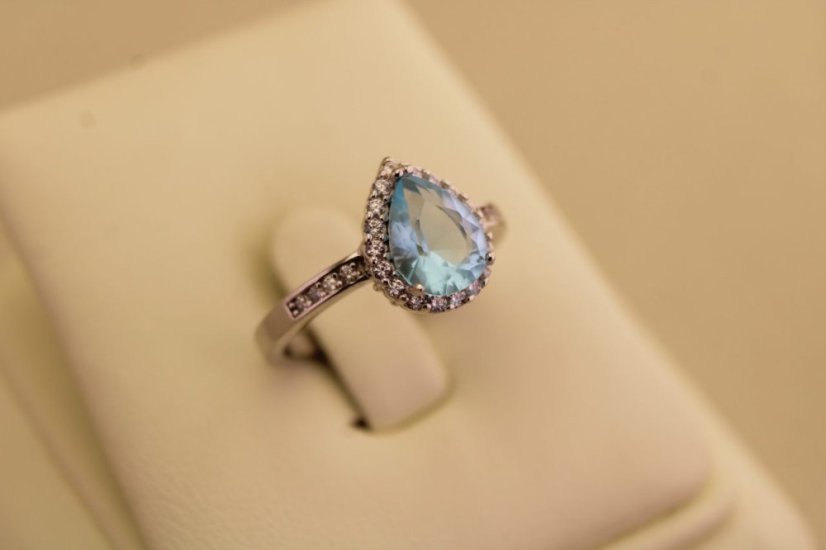 Strieborný prsteň slza - Modrý zirkón - 925 - rhodium