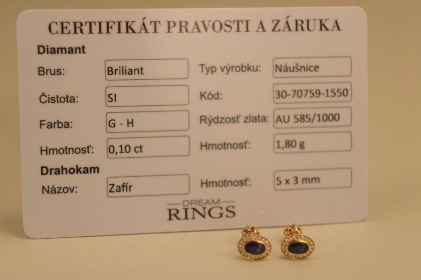 Zafírové - diamantové náušnice - žlté zlato - diamanty 0,10 ct - šrúbky -14K