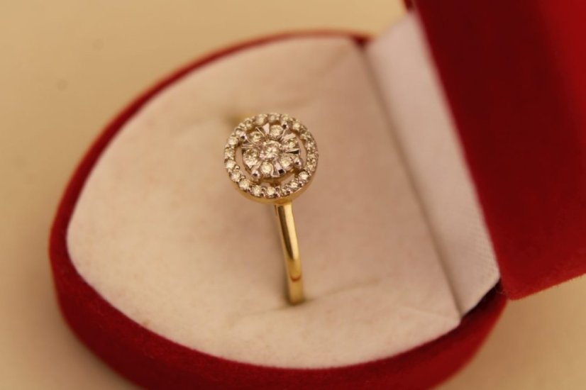 Zlatý prsteň - Okrúhle Brilianty - Žlté zlato - 14k