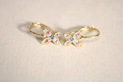 Zlaté náušnice roztomilé motýliky zo žltého zlata, farebné zirkóny,klasické zapínanie, 1,44g, 14K, 585/1000