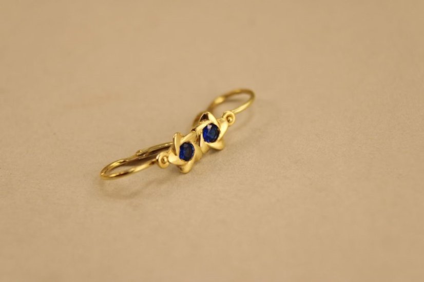 Detské náušnice -kvietky-modrý zirkón-žlté zlato-brizúra-14 karátov