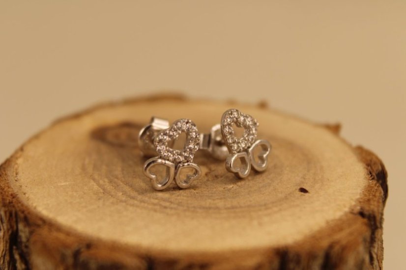 Náušnice-číre zirkóny-trojsrdce-biele zlato-puzetky-14 karátov