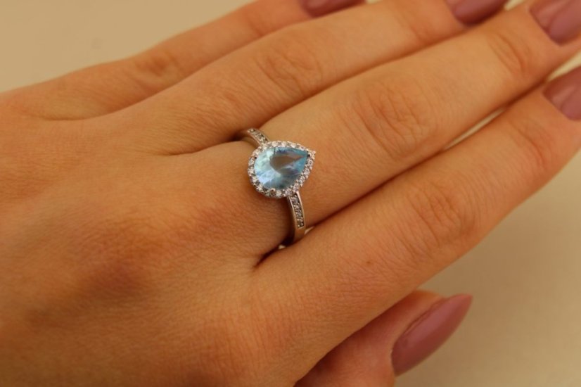 Strieborný prsteň slza - Modrý zirkón - 925 - rhodium