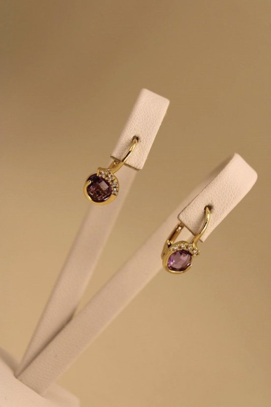 Náušnice - fialový Ametyst - číre zirkóny - patent - žlté zlato - 14K