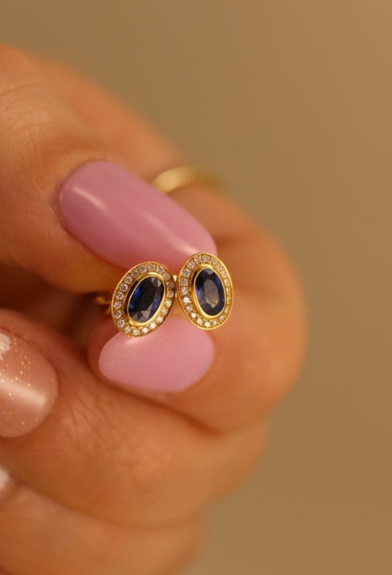 Zafírové - diamantové náušnice - žlté zlato - diamanty 0,10 ct - šrúbky -14K