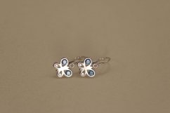 Náušnice - motýľ - číre/modré zirkóny - biele zlato - brizúra -14 karátov